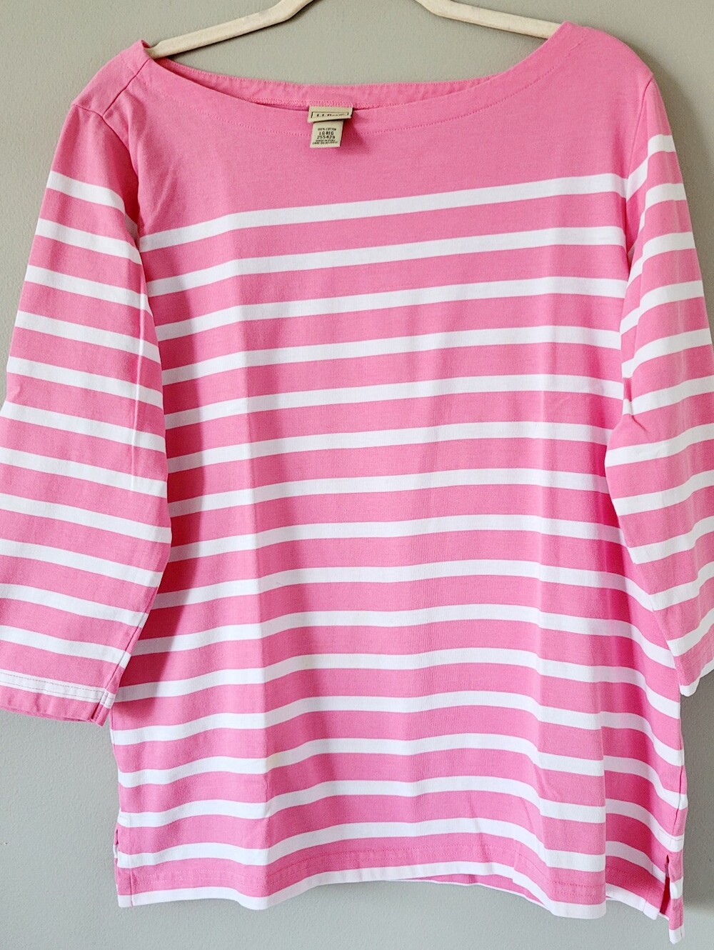 L.L. Bean 100% Cotton Pink/White Striped Boatneck Top 3/4 Sleeves Large - Picture 3 of 10